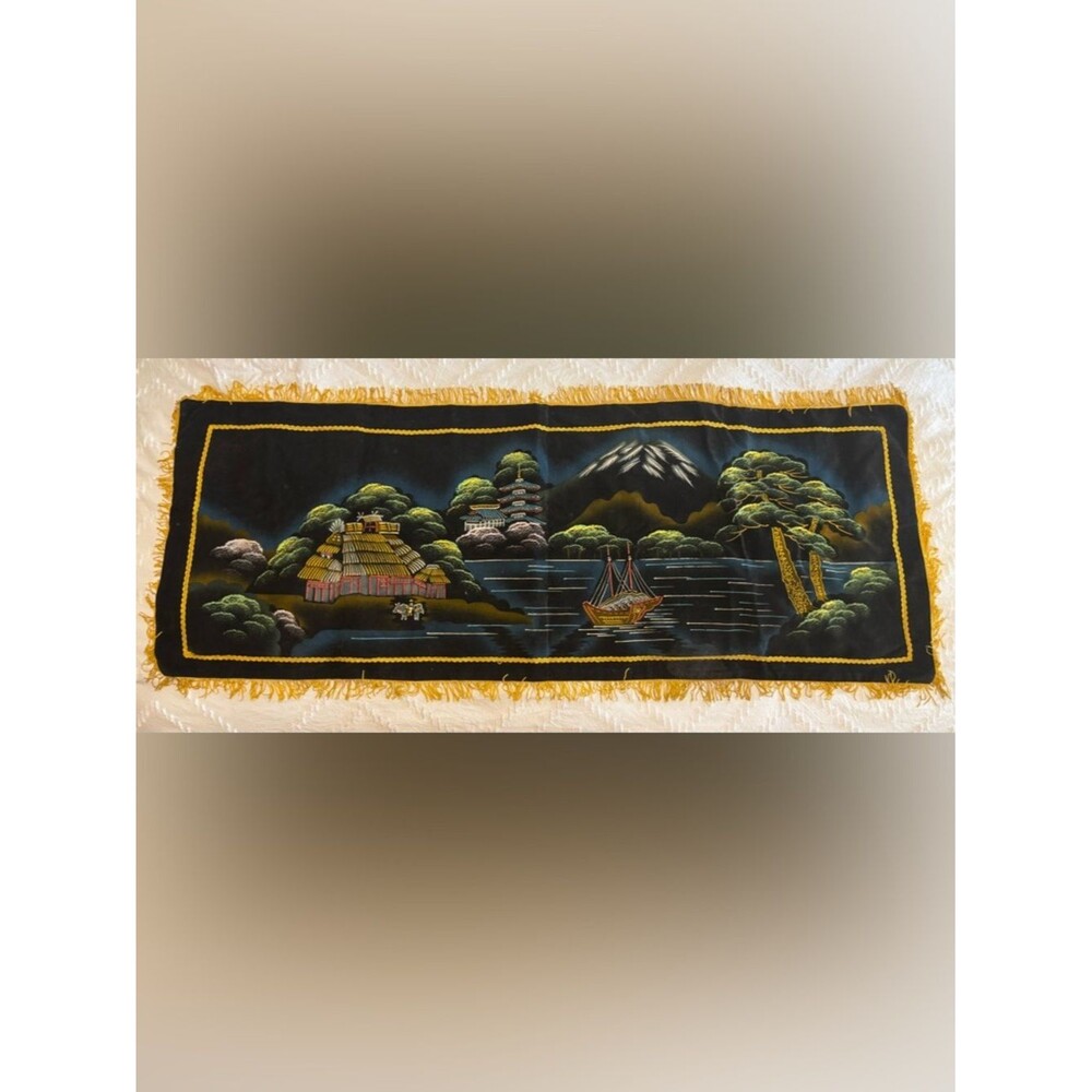 Vtg Velvet Wall Hanging Table Runner Japan Pagoda Black/Yellow Fringe 47”x18”